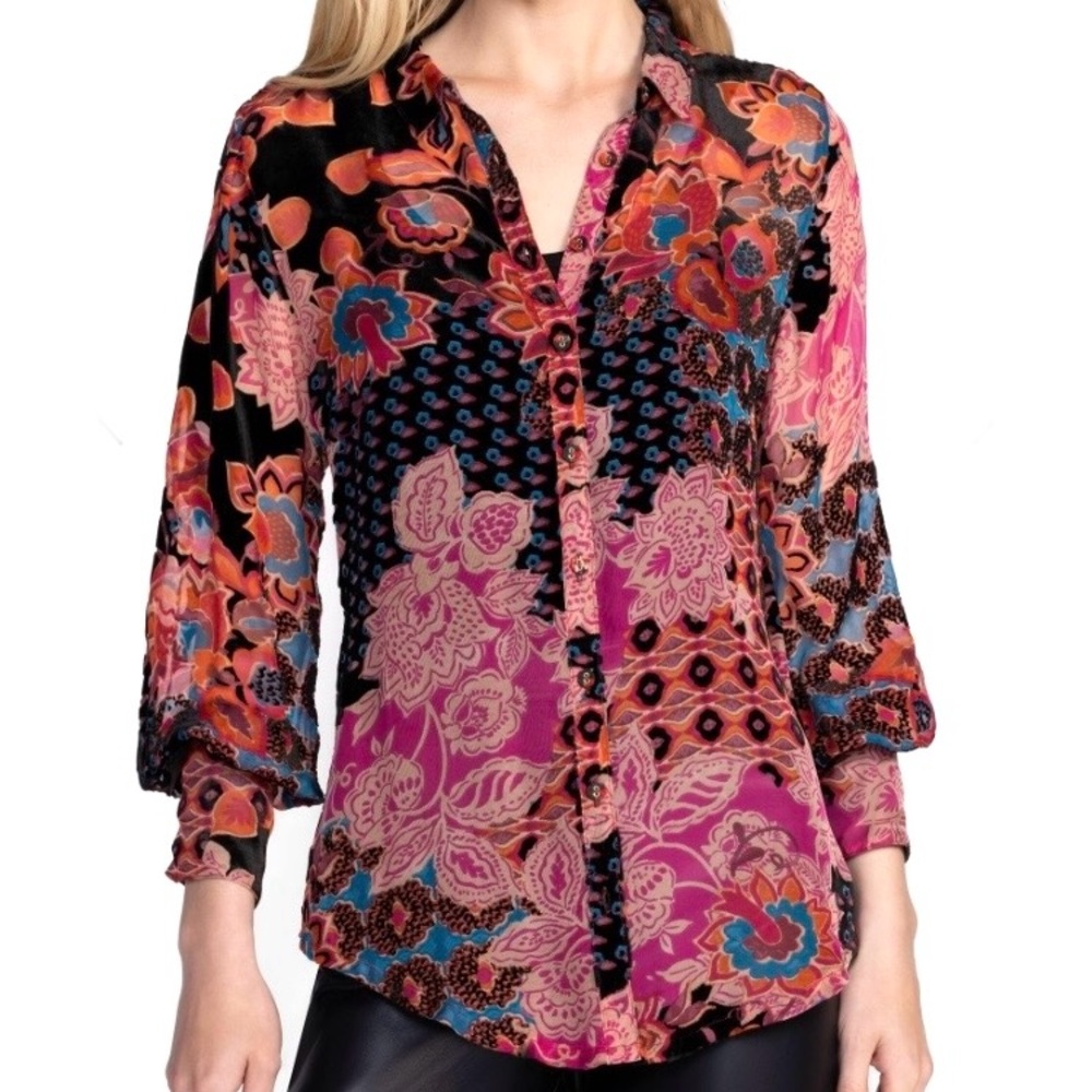 NEW Johnny Was Yrene Burnout Blouse Alvarado w/ Tank Top Velvet Silk Black Sz S - Picture 3 of 16